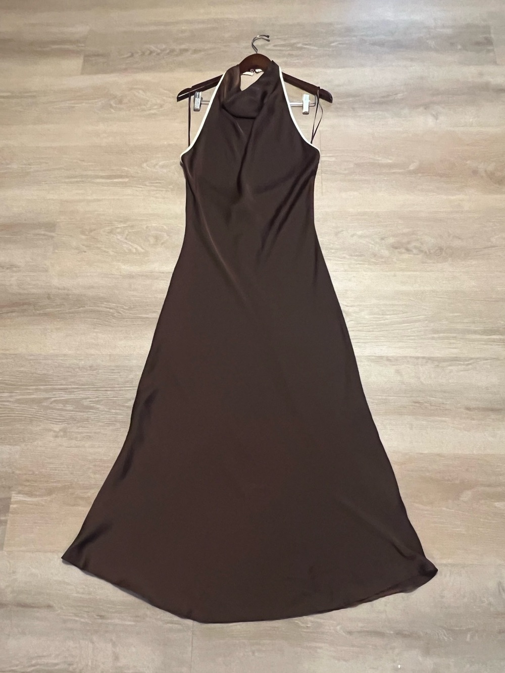 NWT Zara Beautiful Womens XL Brown Draped Halter Neck Maxi Dress Open Back Satin - Picture 5 of 13